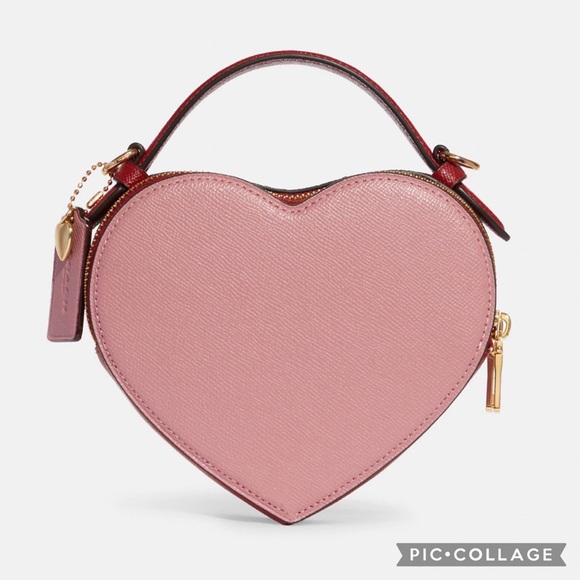 NWT COACH HEART CROSSBODY IN COLORBLOCK  LEATHER TOP HANDLE GOLD/TRUE PINK - Picture 2 of 14